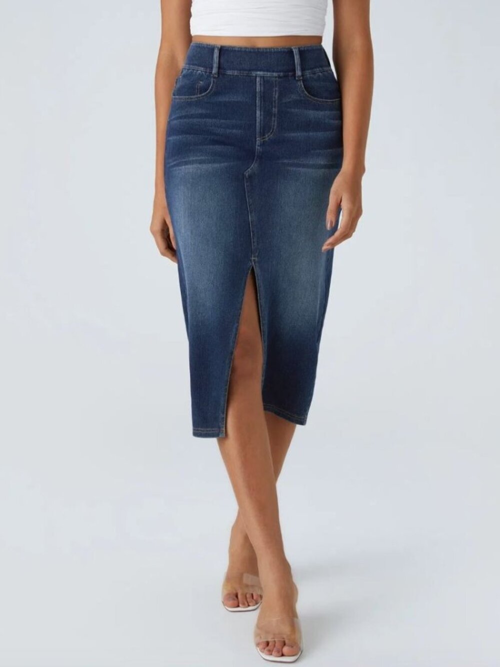 Halara NWT Flex High Waisted Washed Denim Bodycon Midi Skirt Pockets Small